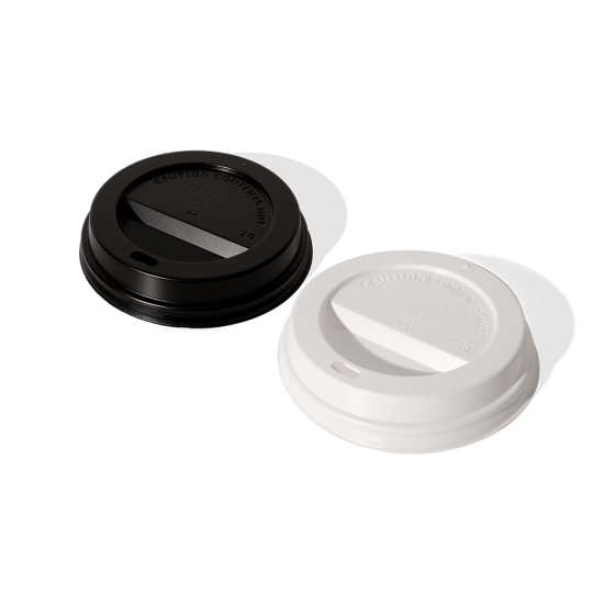 90mm Black / White Polystyrene Plastic Sip Thru Lids for use with 12 & 16oz cups (100)